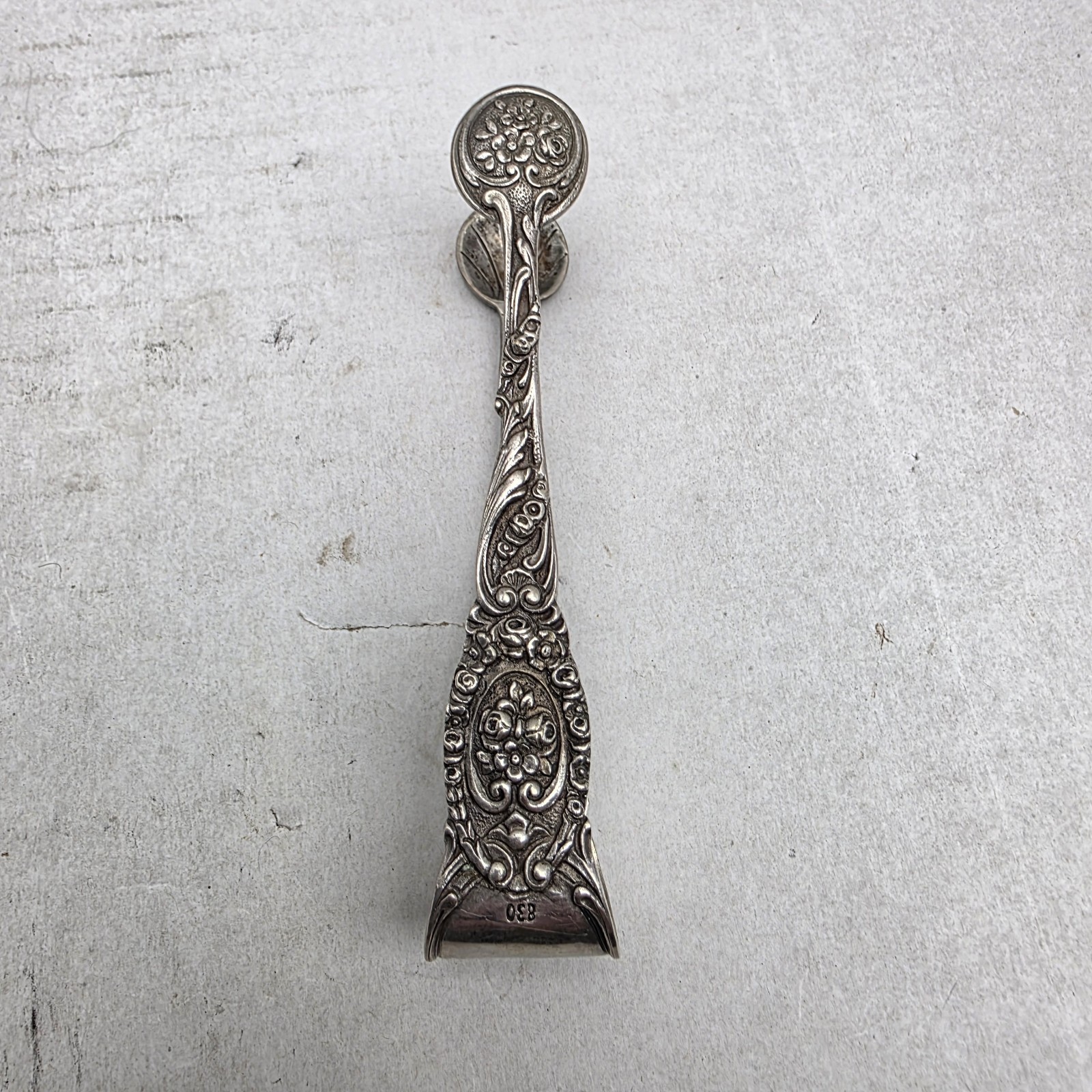 Antique German 830 Silver Sugar Tongs - Ornate Hildesheimer Rose Pattern - 4"