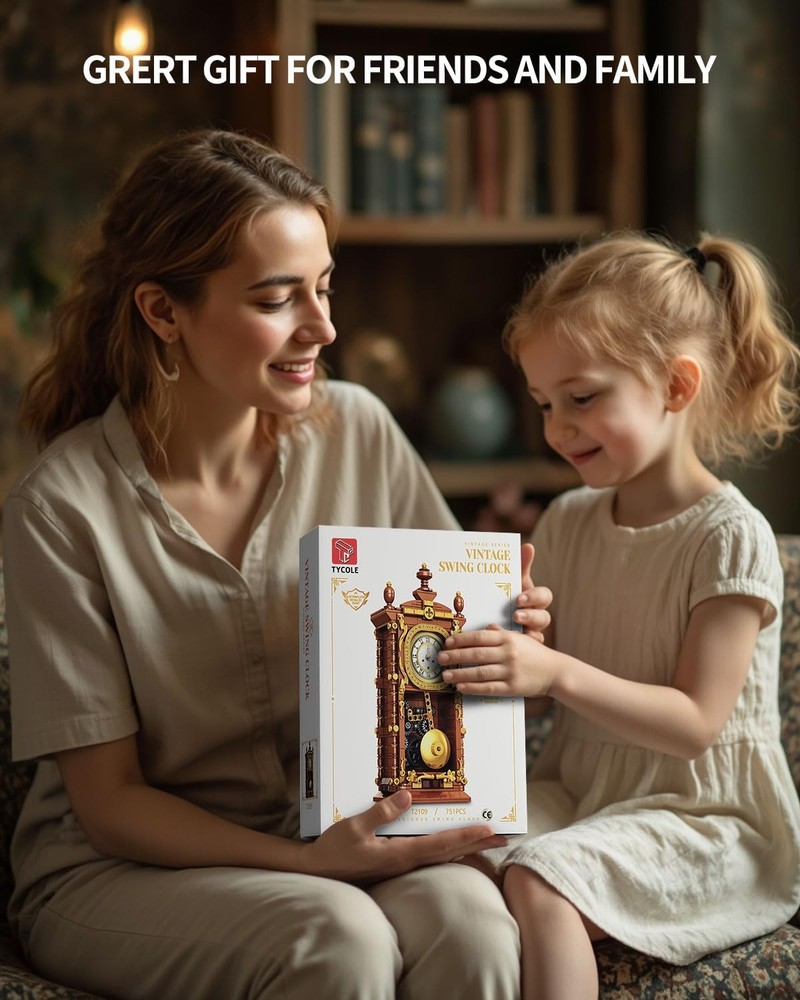 Vintage Pendulum Clock Building Block Set, Stem Toy with Real Clock Function and