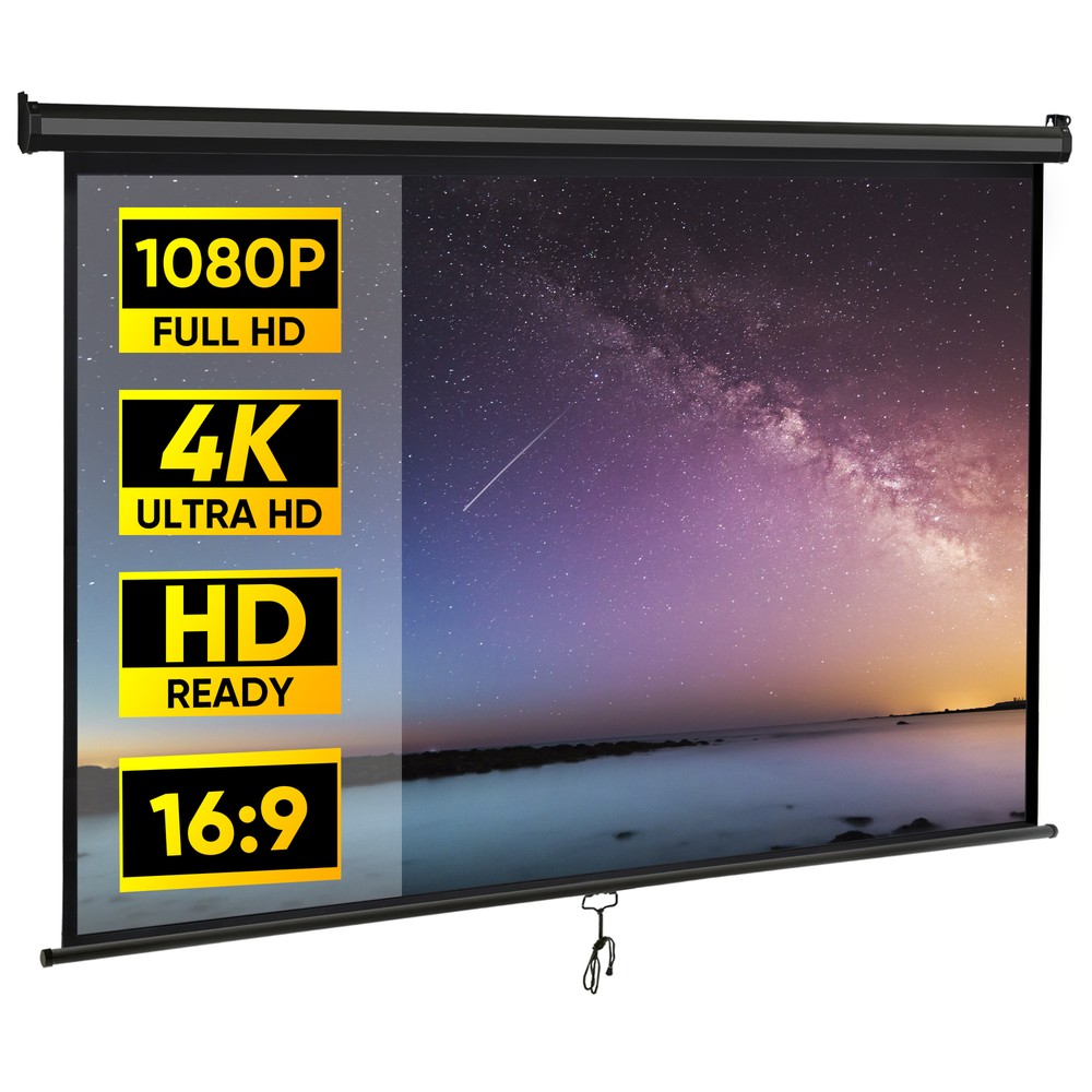 Outdoor Projector Screen Pull Down 80" 16:9 HD Ceiling Projection Screen Black