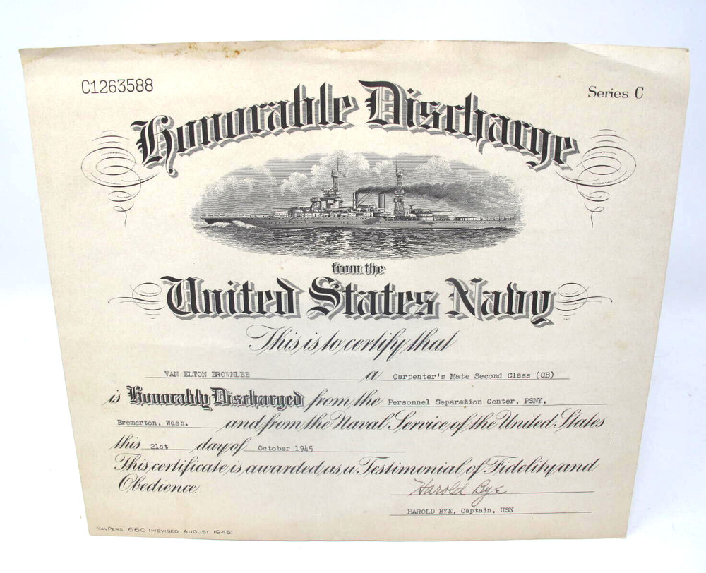 Honorable Discharge WWII Carpenter's Mate 95th MOBILE CONSTRUCTION BATTALION