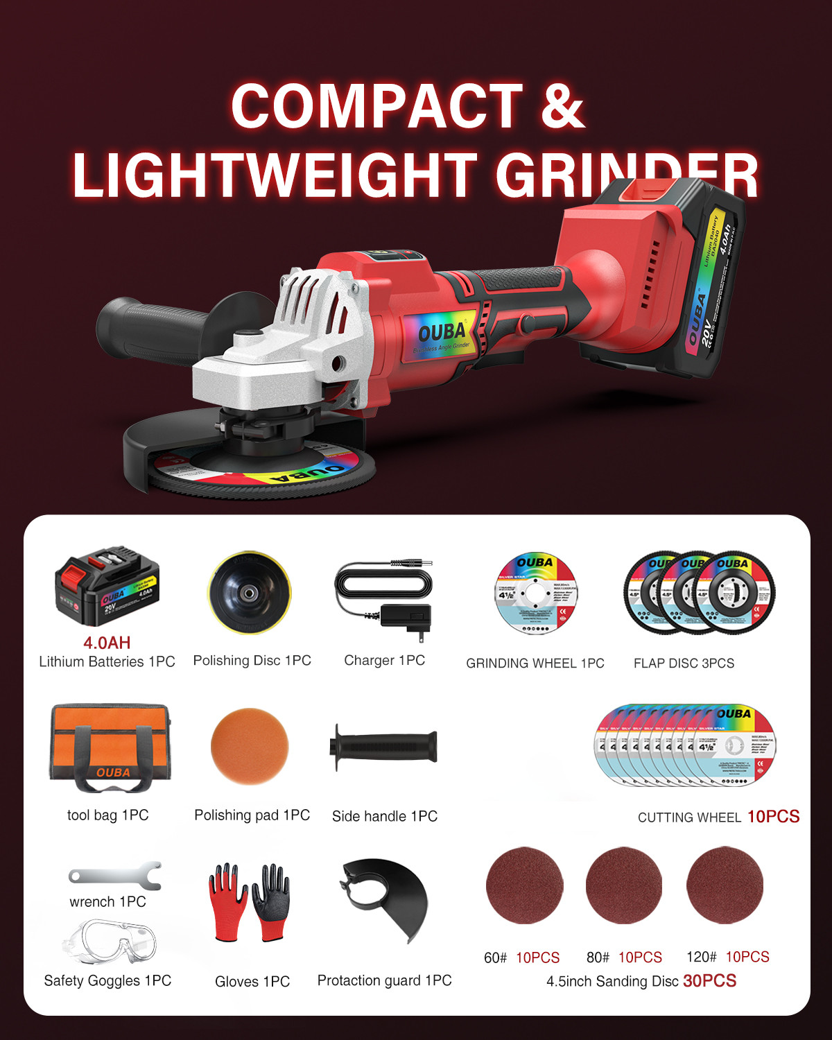 Cordless 4-1/2 Power Angle Grinder for Dewalt 20V Max Battery Brushless 9500 RPM