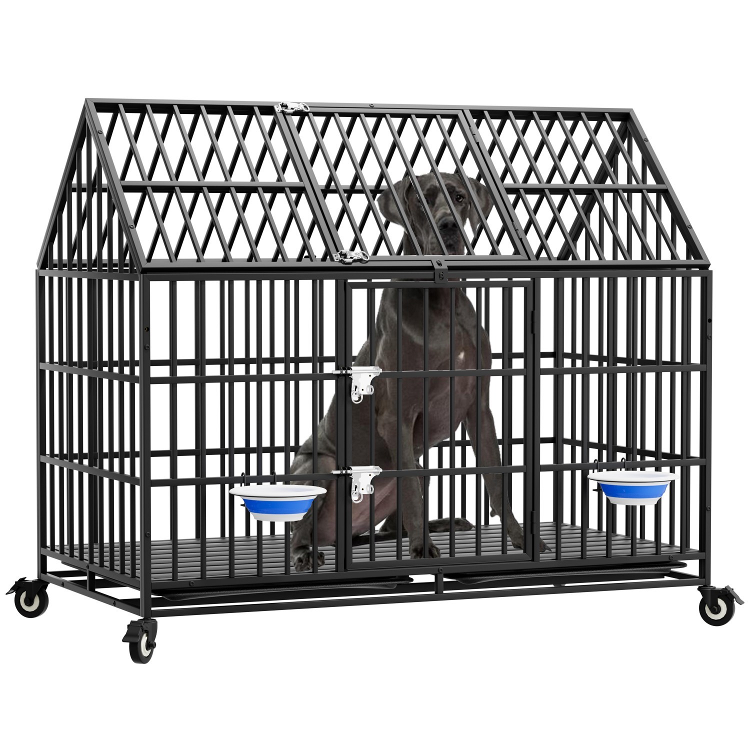 54'' Indestructible Heavy Duty Dog Crate Cage Kennel with 2 Bowls for Large Dogs