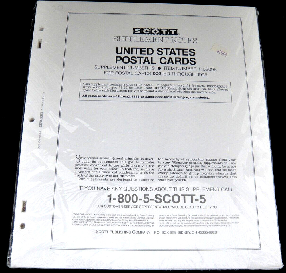 Scott 1995 United States Postal Cards Album Supplement #19 Item 110S095 NIP
