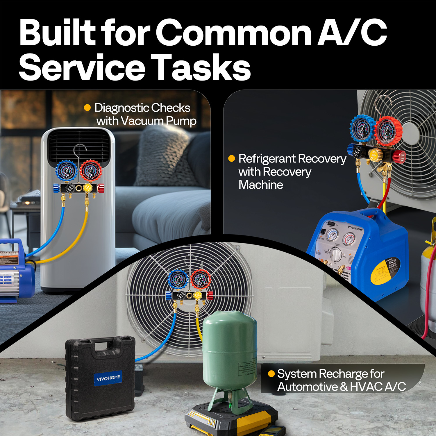 4 Valve HVAC Manifold Gauge Set R410A R454B R32 R22 AC Gauges w/ 5ft Hoses Kit