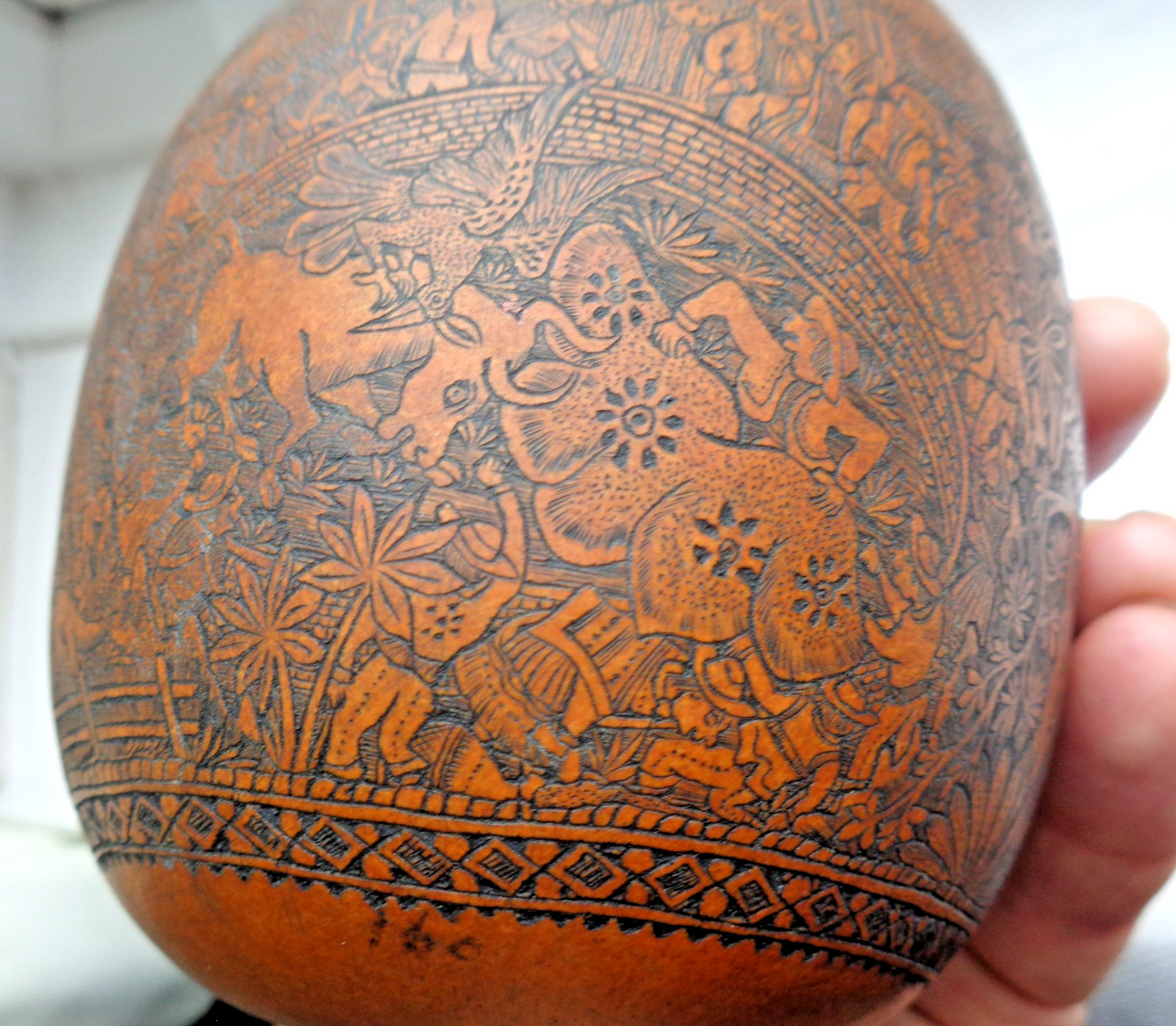 ANTIQUE SOUTH AMERICAN FOLK ART CARVED GOURD BULL FIGHTER, CHURCH, FARMER, LLAMA