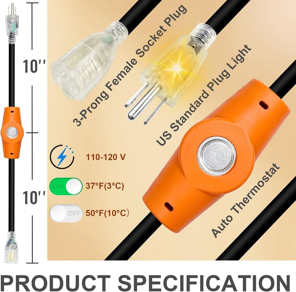 Temperature Controlled Extension Cord Heat Cable Controller Thermostat Plug 120V
