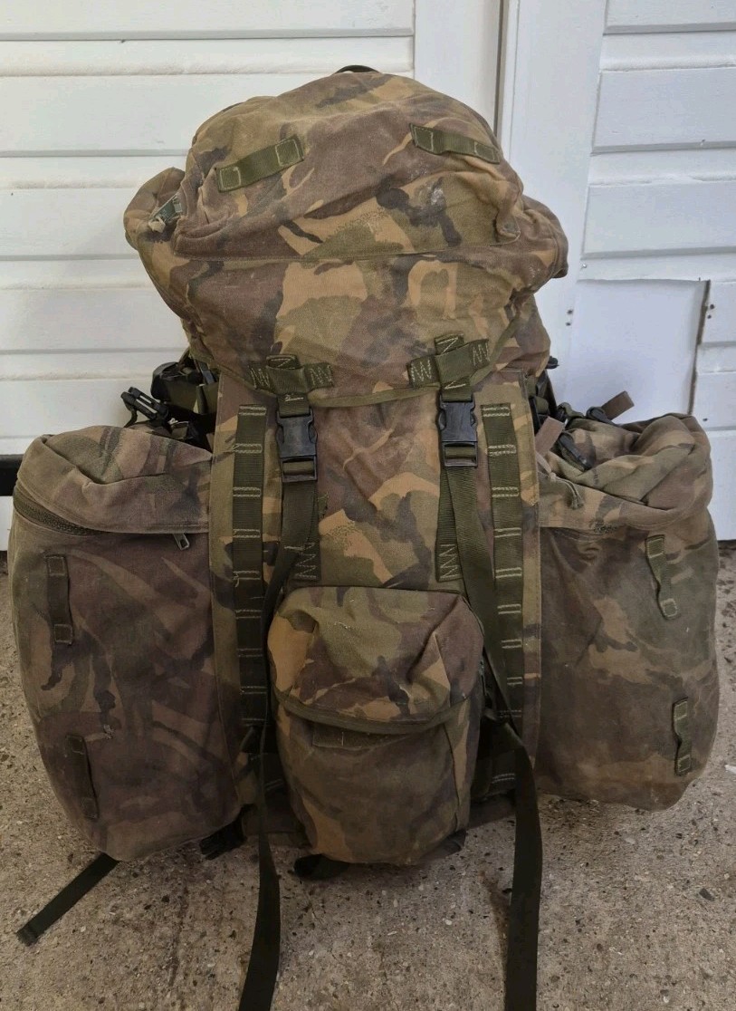 GENUINE BRITISH ARMY BERGEN RUCKSACK DPM LONG BACK 120L SIDE POUCHES +YOKE 1995