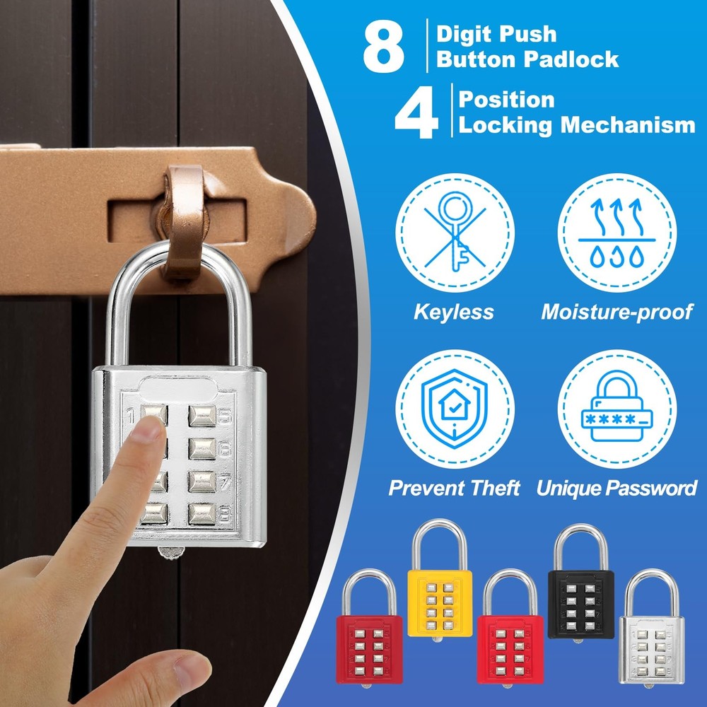Combination Padlock, 8-Digit Push Button Padlock 4-Position Locking Mechanism...