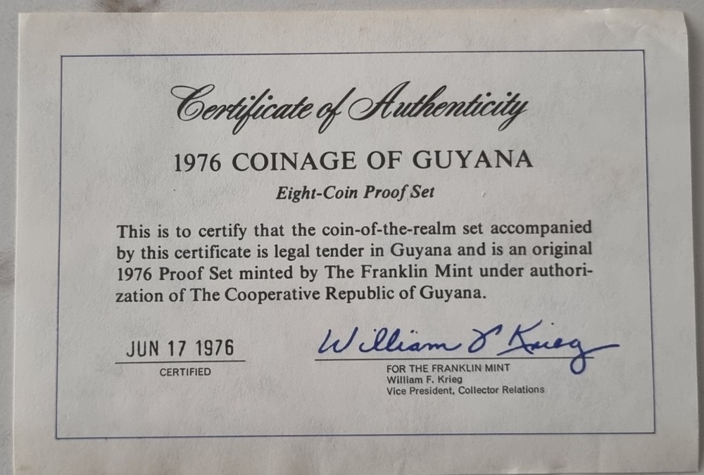 *** GUYANA *** 8 PCS PROOF SET *** 1976 *** SILVER *** ORIGINAL BOX+CERTIFICATES