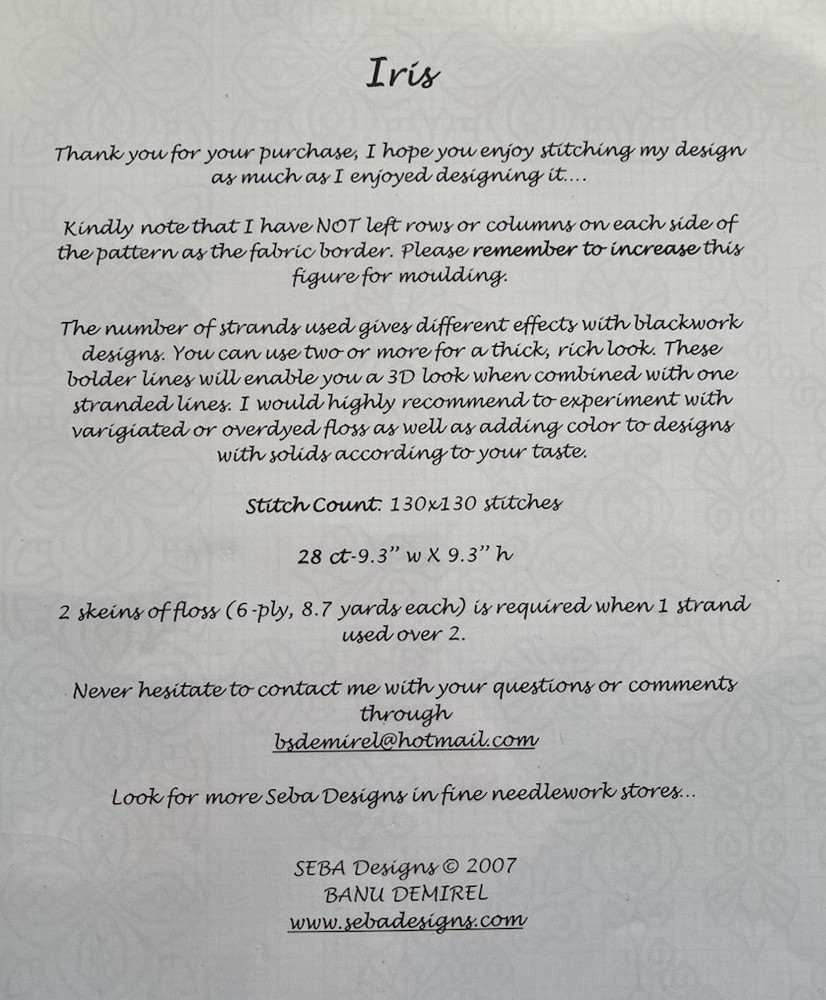 SEBA Designs IRIS Blackwork Needlepoint Chart Pattern