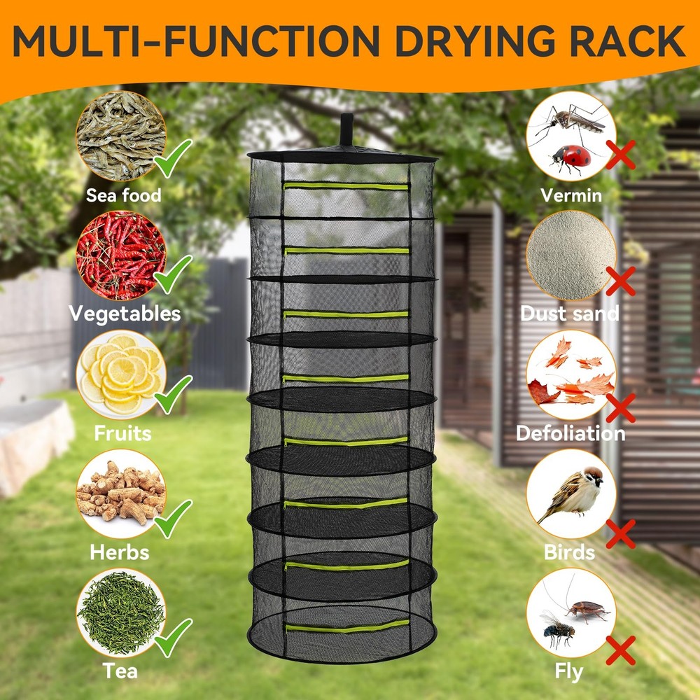Black 6-Layer Herb Drying Rack, Mesh, Zipper, Pruning Shears, Hanging, 12154