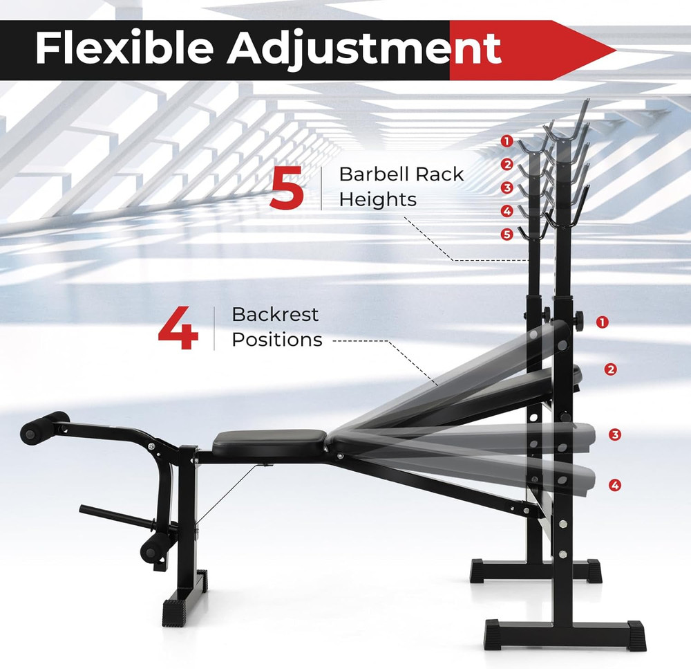 Adjustable Weight Bench, Foldable Weight Bench with Squat Racks, Leg Extension &