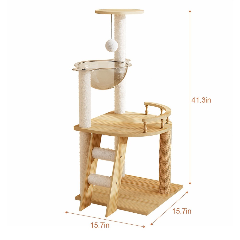 Modern Cat Tower 41.3" Wood Cat Tree with Scratching Posts Perch Hammock