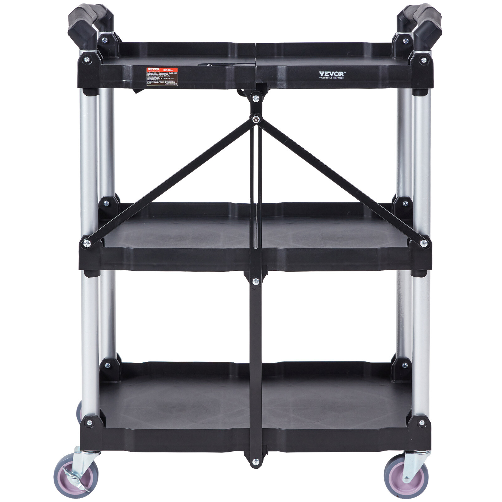 VEVOR Foldable Utility Service Cart 3 Shelf 165LBS with Swivel Lockable Wheels