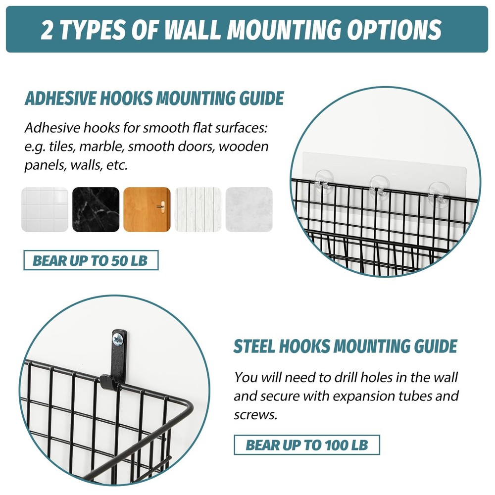 4 Set [EXTRA LARGE] Hanging Wall Mount Storage Baskets Extra Large, Black