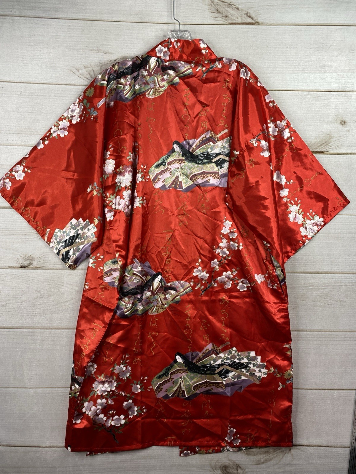 Vtg Sakurai Shoji Japan Red Floral Kimono Robe Fan Print Cherry Blossom Geisha