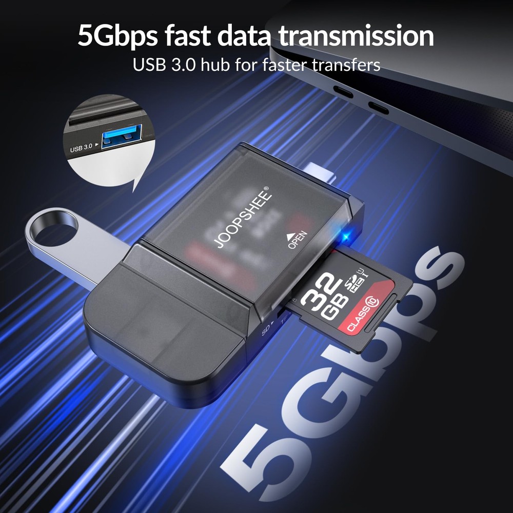 6-in-1 SD/TF Card Reader Adapter with SD Storage USB A & Type USB, black