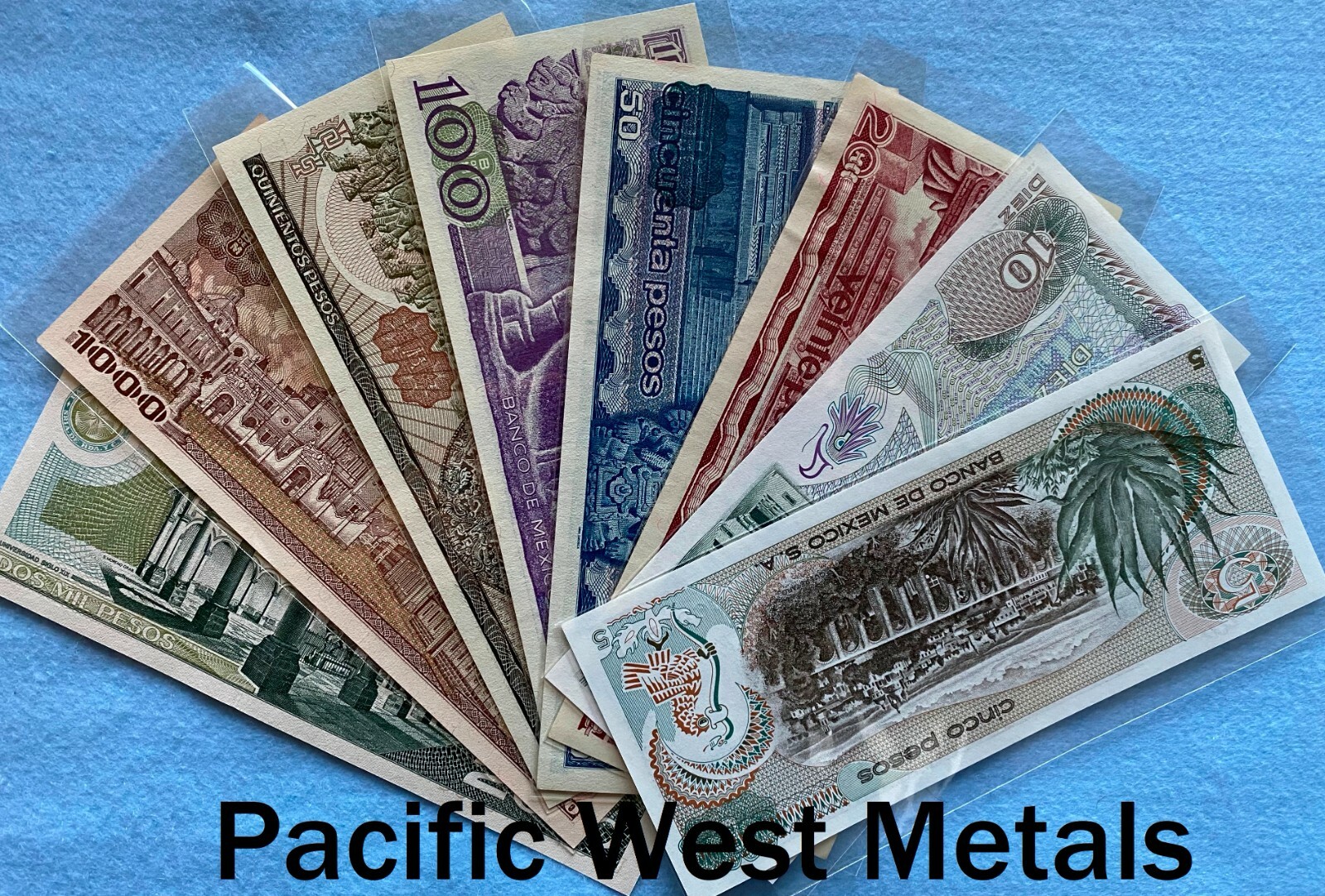 LOT 8 MEXICO PESOS BANKNOTES SERIE 5,10,20,50,100,500,1000 2000 BDM BILLS UNC AU