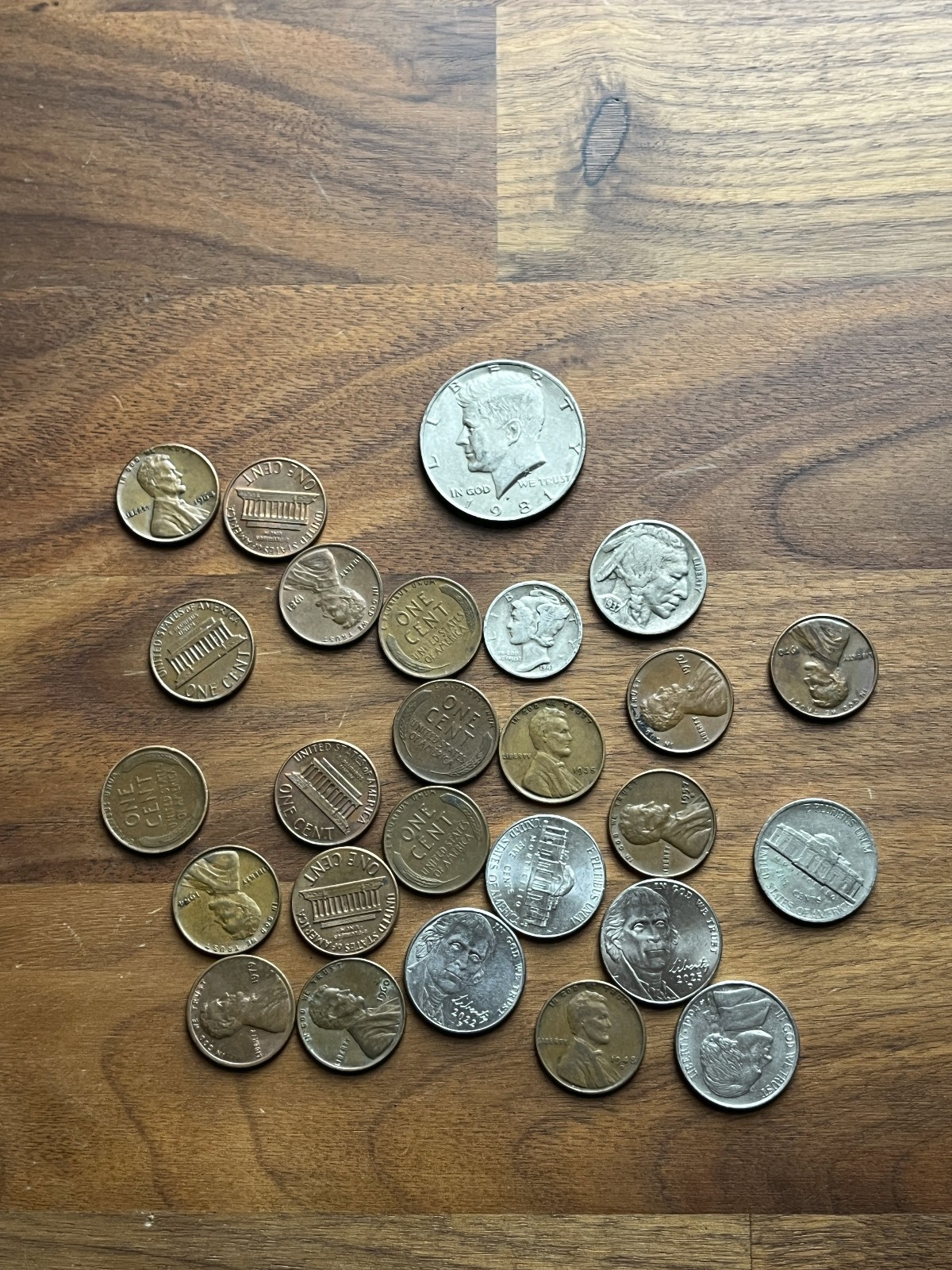 Mercury Dime Coin Hunt Lot – Wheat Cents, Buffalo Nickel, Kennedy Half Dollar