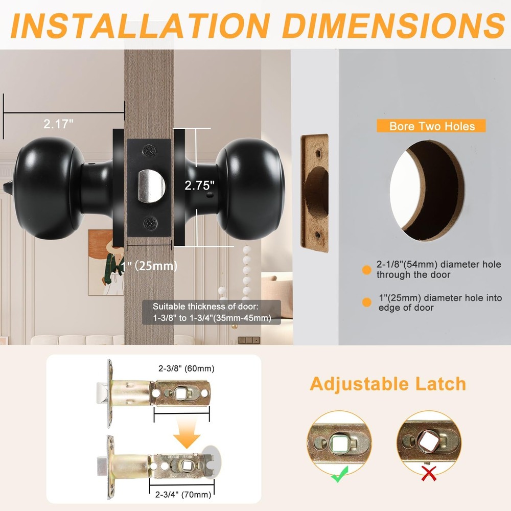 KAMOTA Privacy Door Knobs, 3 Pack Matte Black Heavy-Duty Door Knobs, Interior...