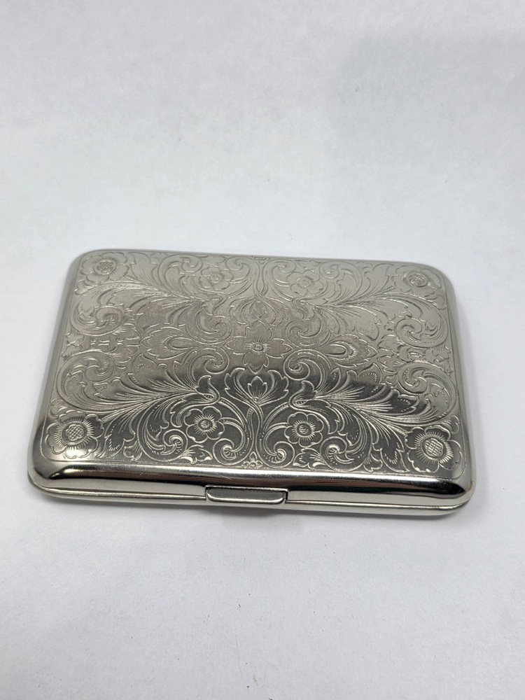 Vintage Two-Sided Silver Florentine Design Engraved Slim Pocket Case