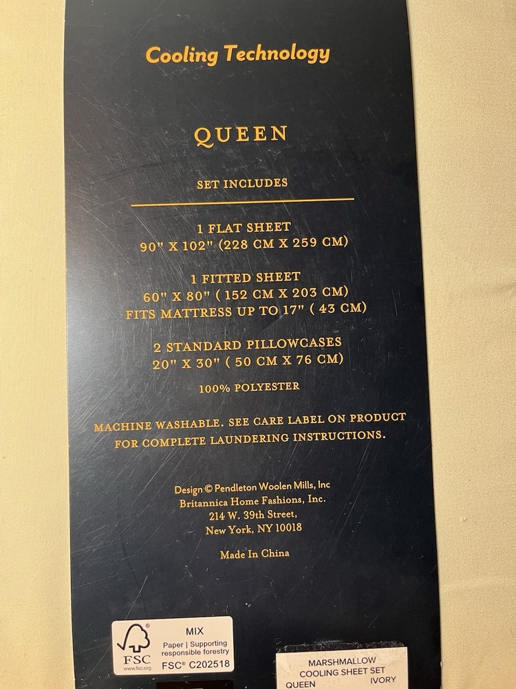 Pendleton Queen Size Cooling Technology Bed Sheet Set Marshmallow Ivory NWT