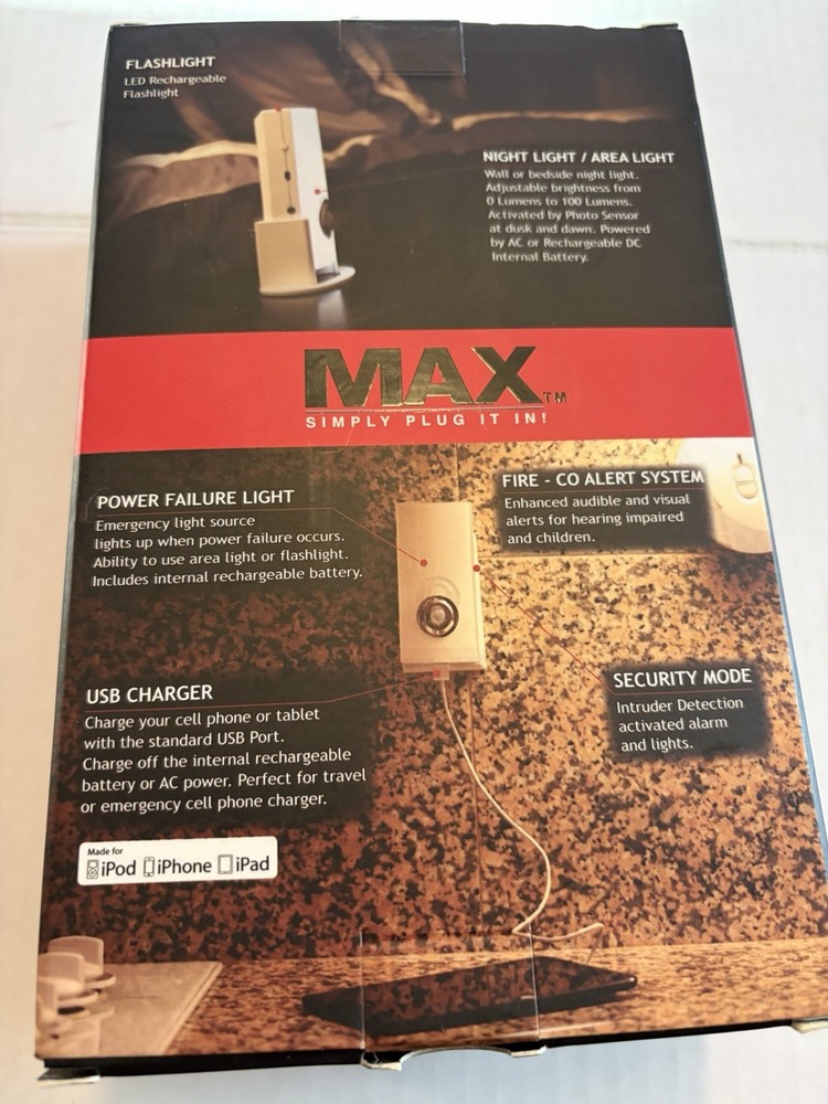 MAX Safety Security Light USB Charger Emergency Flashlight New In Box