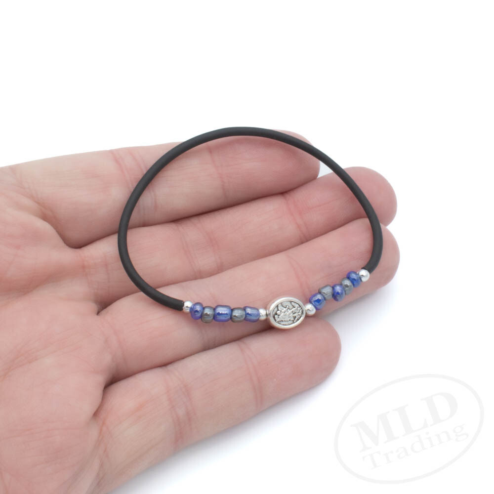 Saint St. Michael Guardian Angel Stretch Rosary Bracelet w Blue Glass Beads