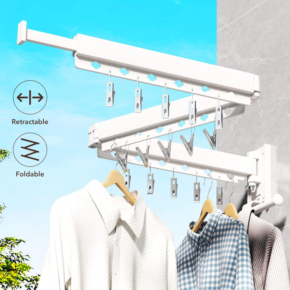 Retractable Wall Mounted Clothes Hanger & Drying Rack with Clips - White