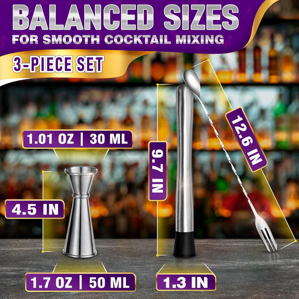 3 Pcs Muddler Set - Bar Muddler, Cocktail Spoon & Jigger for Mixing Drinks