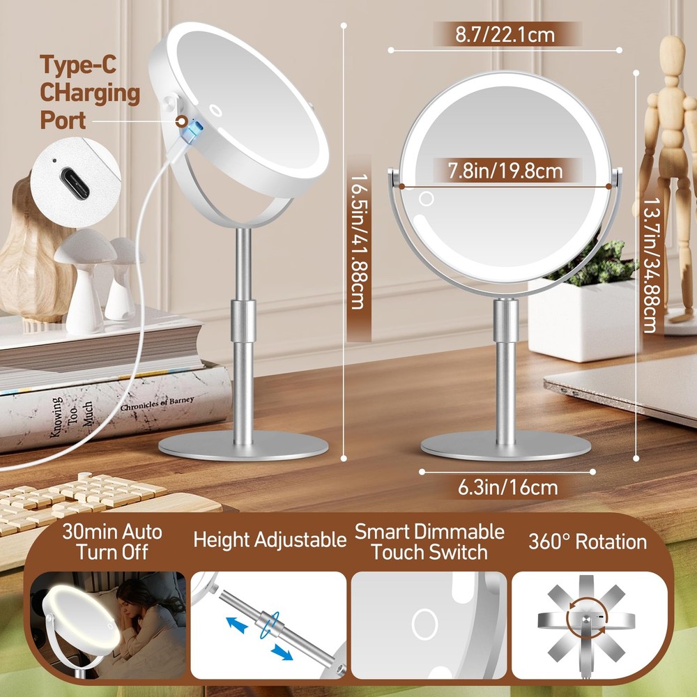 Magnifying Makeup Mirror 20X 8-Inch HD, Height-Adjustable - 3 Lighting Modes
