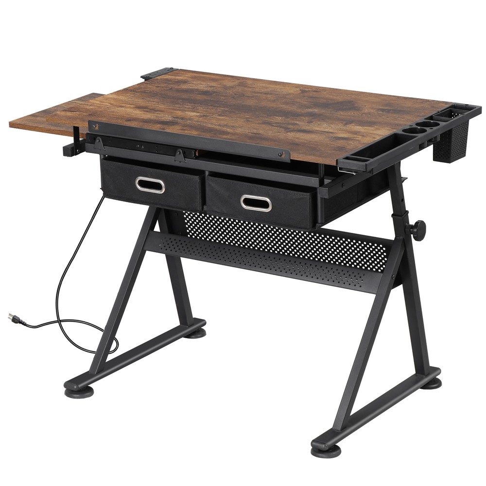 Drafting Table Drawing Adjustable Craft Desk Tabletop w/Stool & Outlet & Drawers