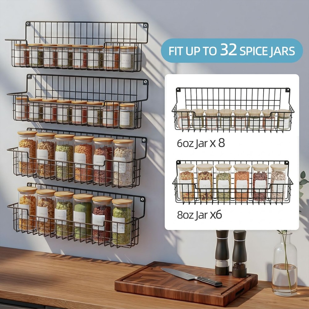 AURIKAR Spice Rack: Wall Mount Organizer Set - Maximize Space in Black, 4 Pack