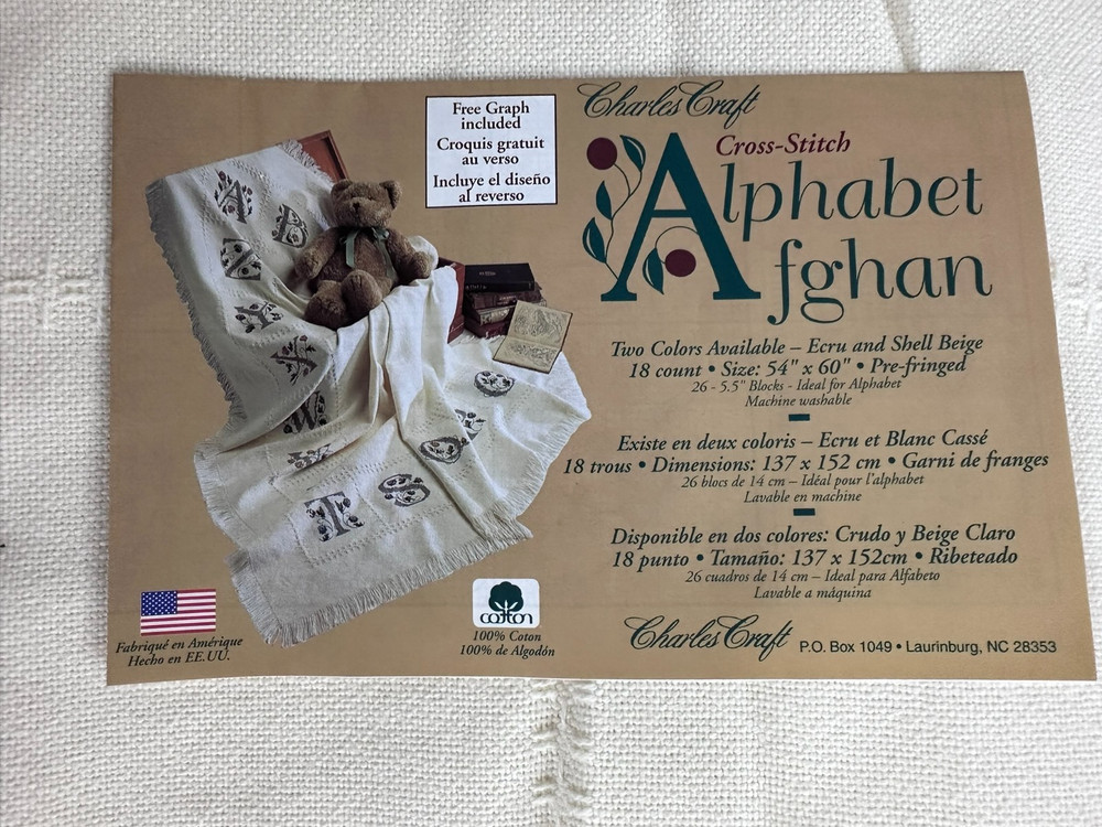 Alphabet Afghan ecru fabric plus Two by Two chart