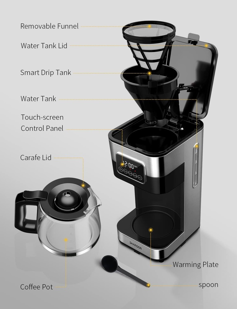 SHARDOR 10-Cup Programmable Coffee Maker, Regular & Strong Brew Drip silver