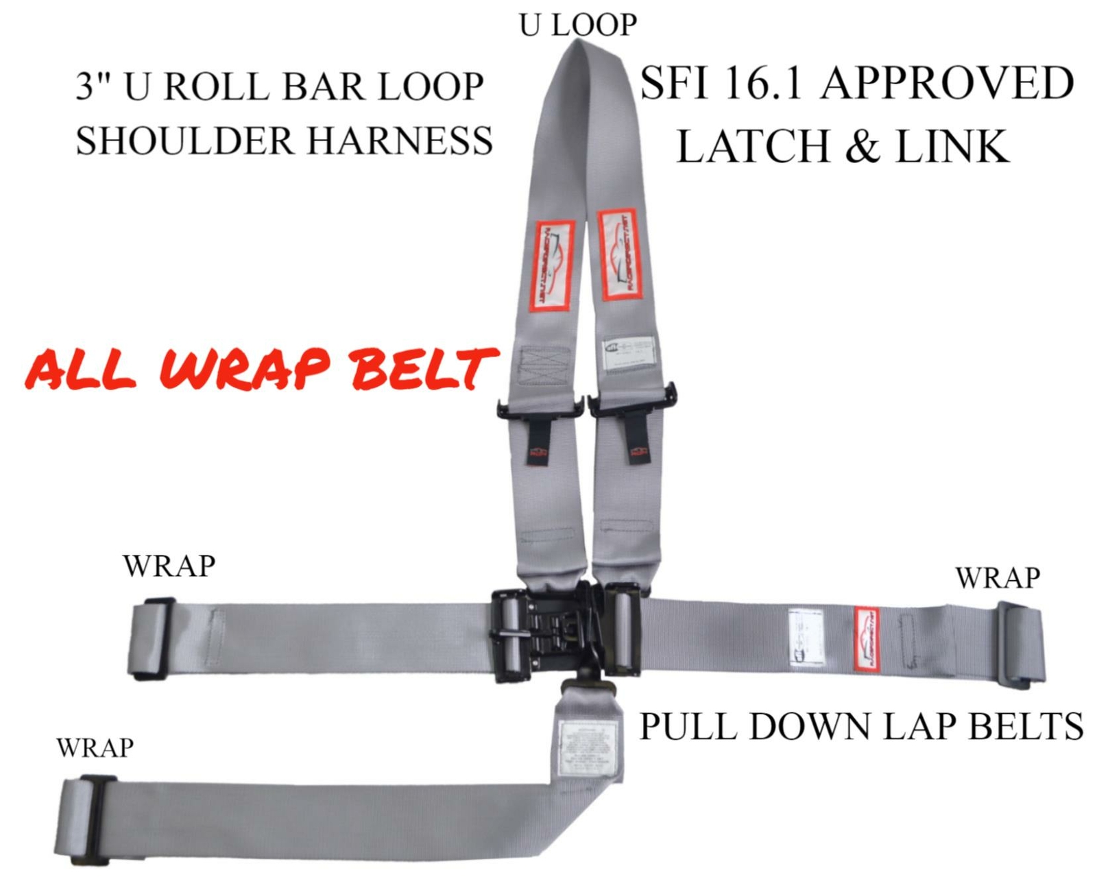 ALL WRAP RACE HARNESS 3" RACE HARNESS 5 POINT SFI 16.1 LATCH & LINK GRAY