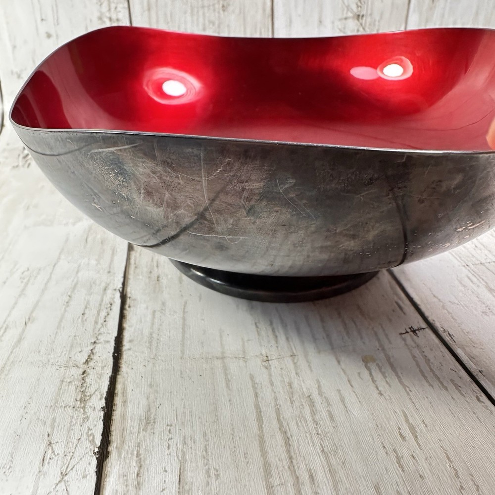 VTG Mid Century Modern DANISH Silverplate Bowl RED Enamel Interior Marked