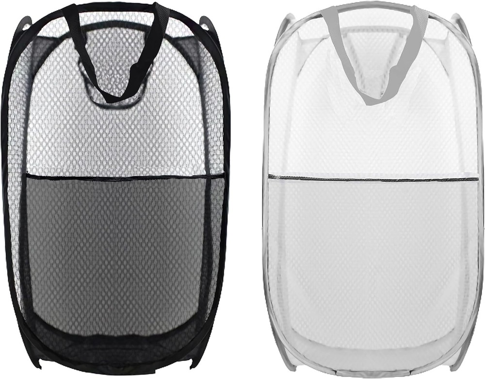 Collapsible Pop Up Laundry Hamper, Mesh Foldable Extra Large, 2P Black+Grey