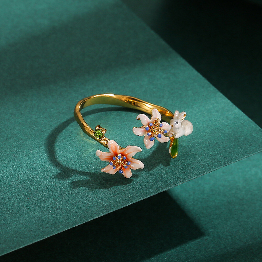 Original Design Enamel Flower Rabbit Bunny Ring Size Adjustable