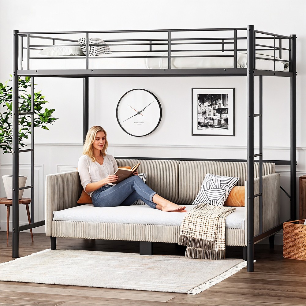 Double corduroy upholstered sofa bed with buttoned backrest and sturdy armrests,