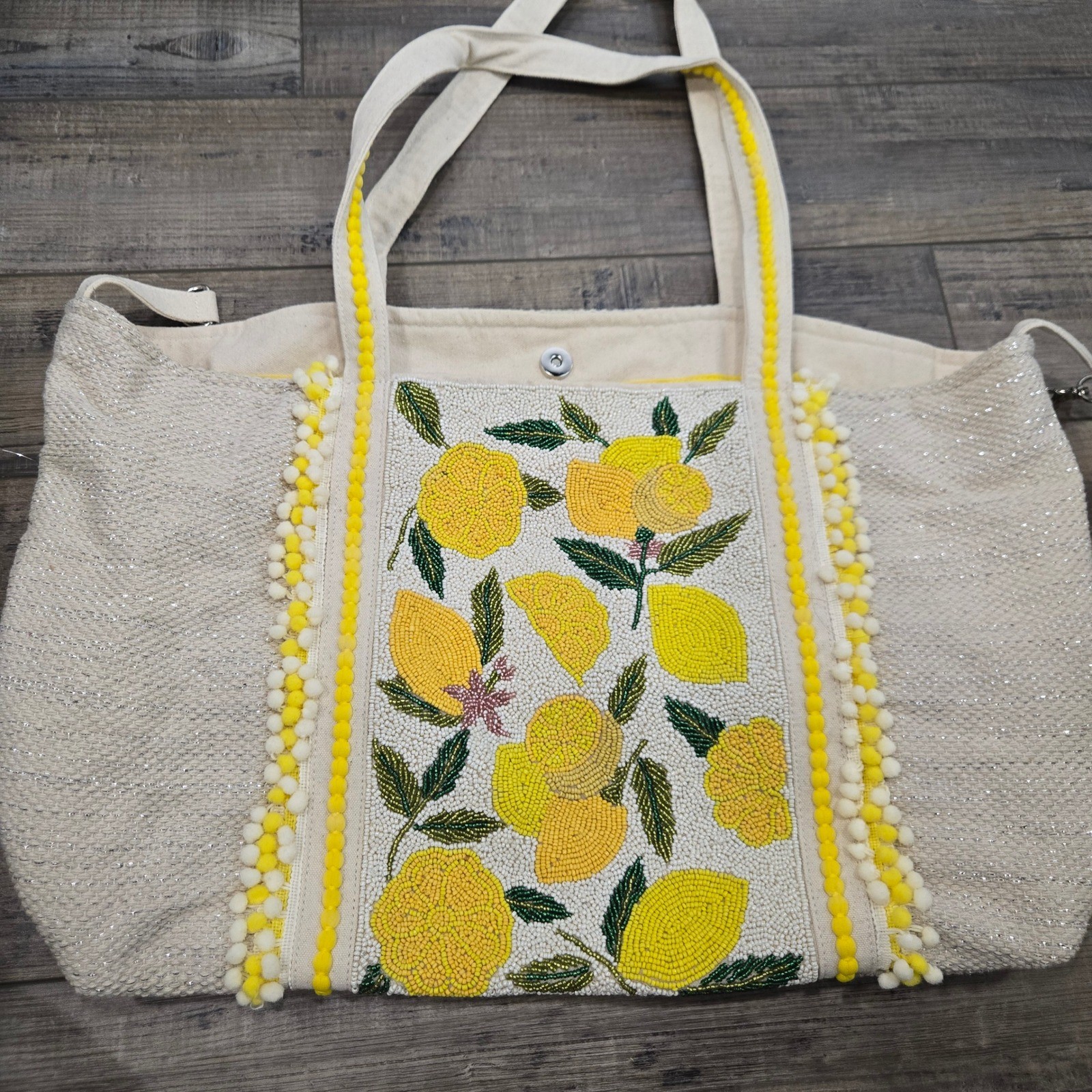 America & Beyond Beaded Lemon Tote Bag Silver Lurex Pom Pom Trim Yellow Lining