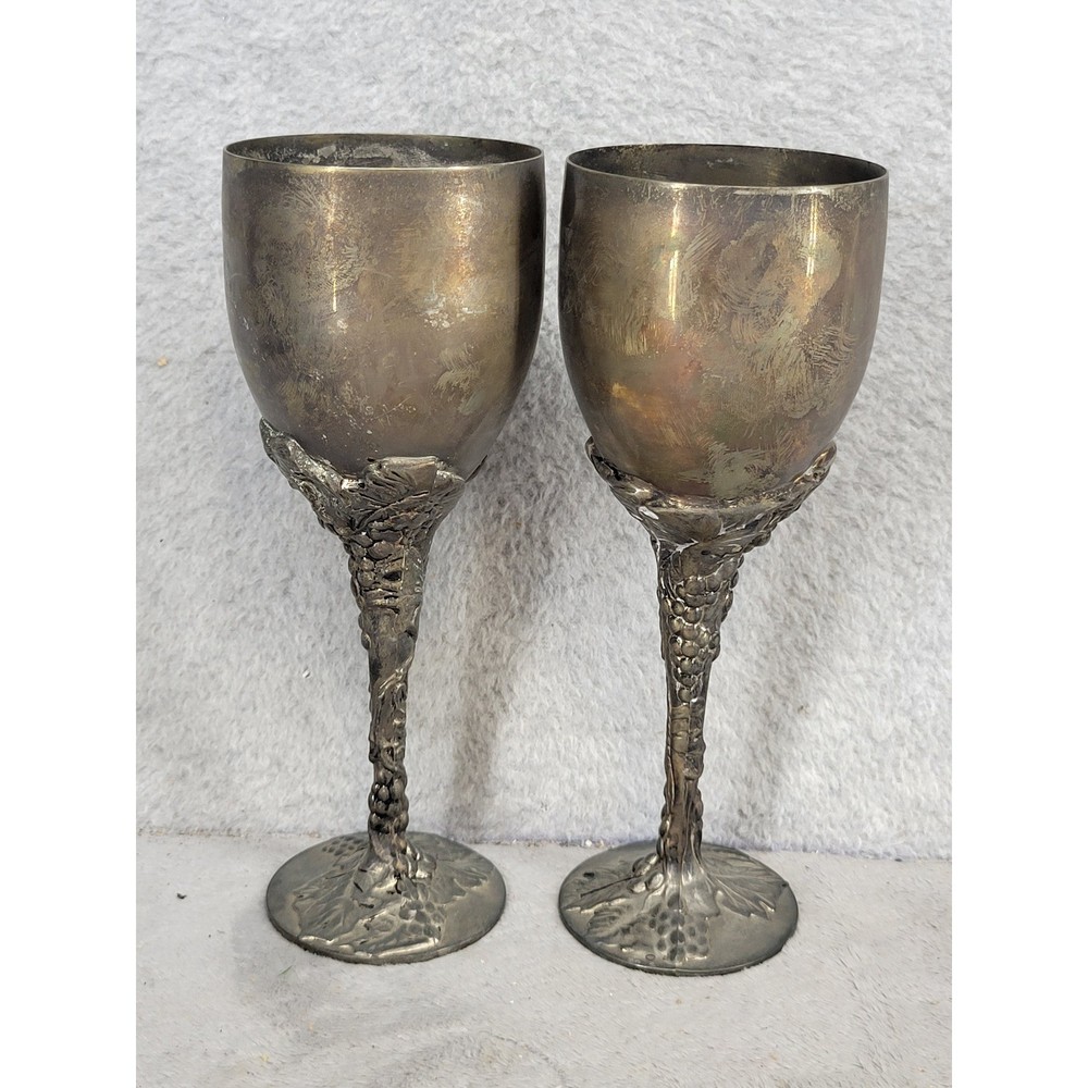 Godinger Silver Art Co Grape Vine Stem Wine Goblets Silver Plate Set of 2 Ornate