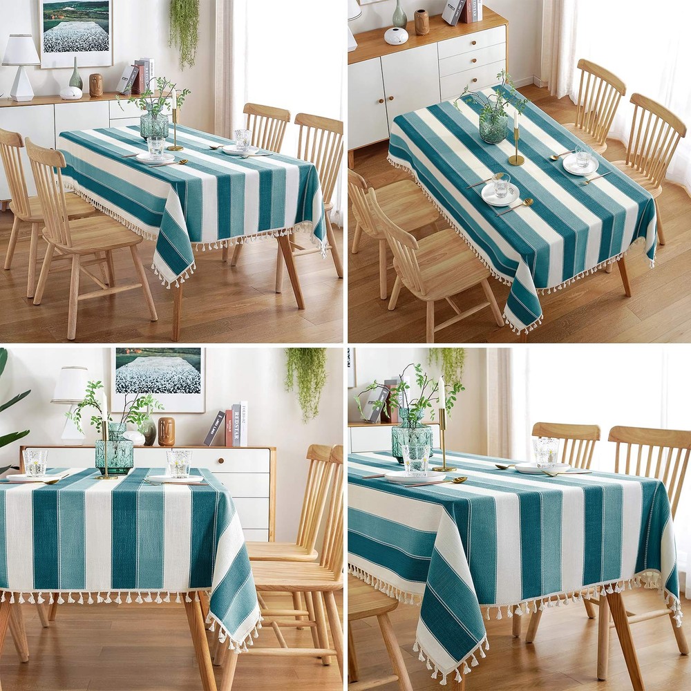 Striped Tassel Tablecloth Stitching Rectangle Table Cloth Table Cover for Kit...