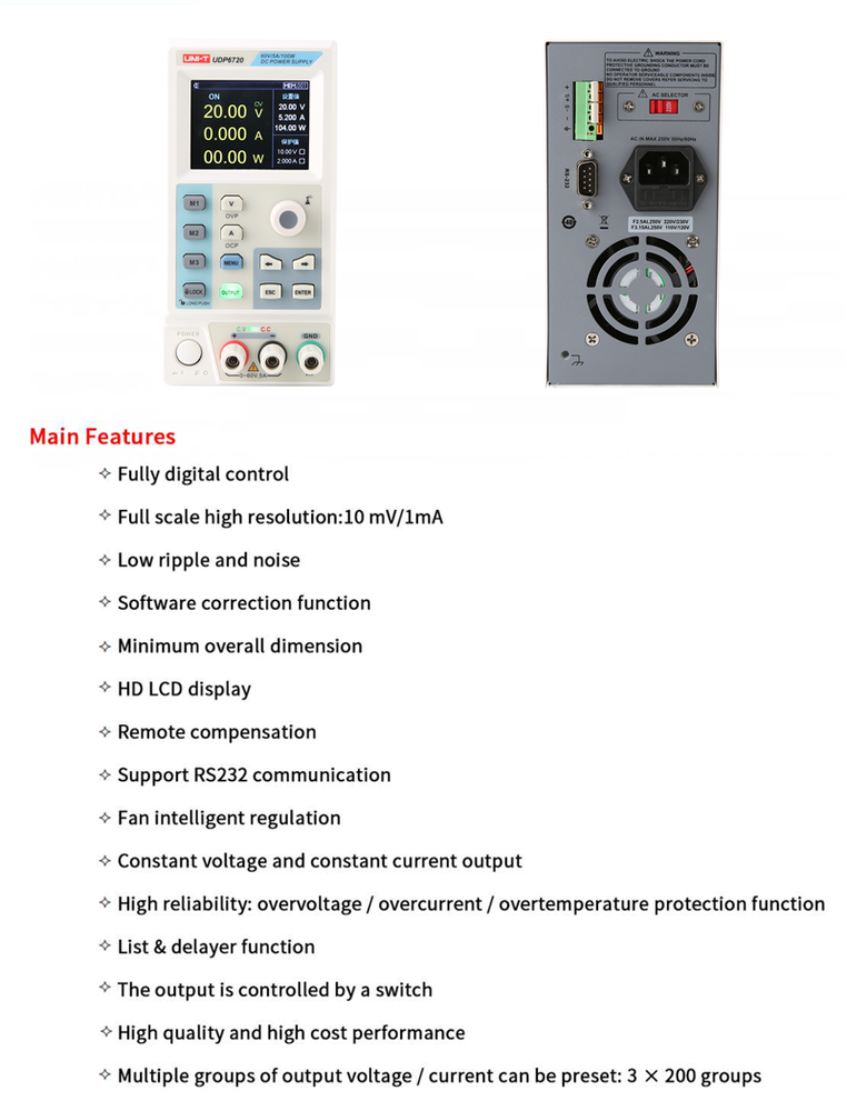 UNI-T Programmable DC Power Supply 60V/5A/8A Power ratio 3.0/SCPI/RS232/Software