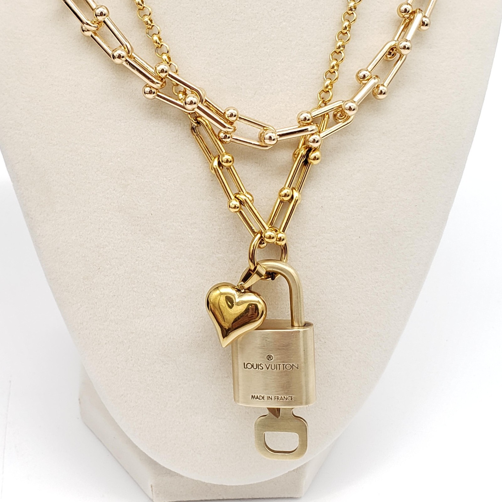 Authentic Louis Vuitton Gold Padlock w/ Unbranded Fashion Stainless Steel Chain
