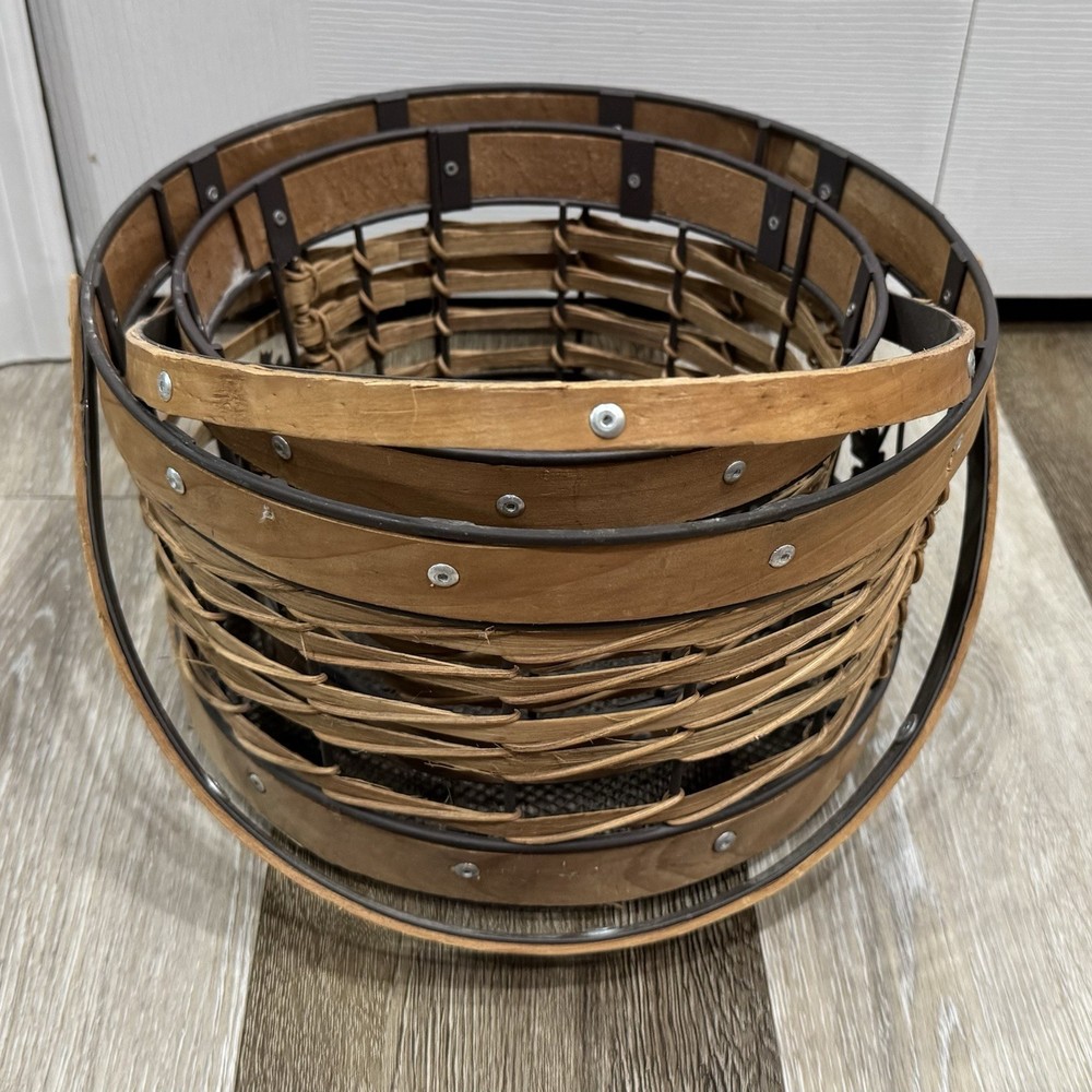 2 Wicker Wire Baskets Large & Medium Fall Autumn Leaves Moveable Handles Rivets