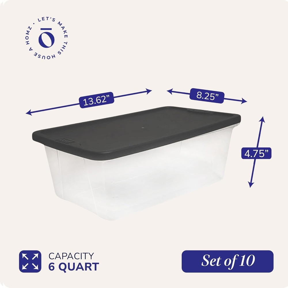 Stackable Clear Storage Bins w/ Lids, 6 Qt, 10-Pack