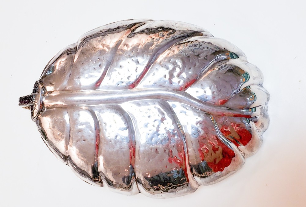 HABIS Hammered Silverplate Leaf Serving Dish with Handle