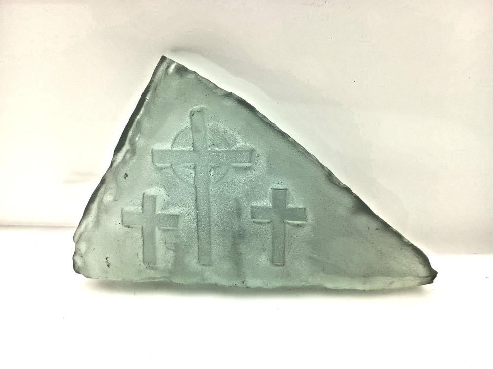 Three (3) Crosses Pressed On Triangular Blue Green Glass For Mantle Desk Wall