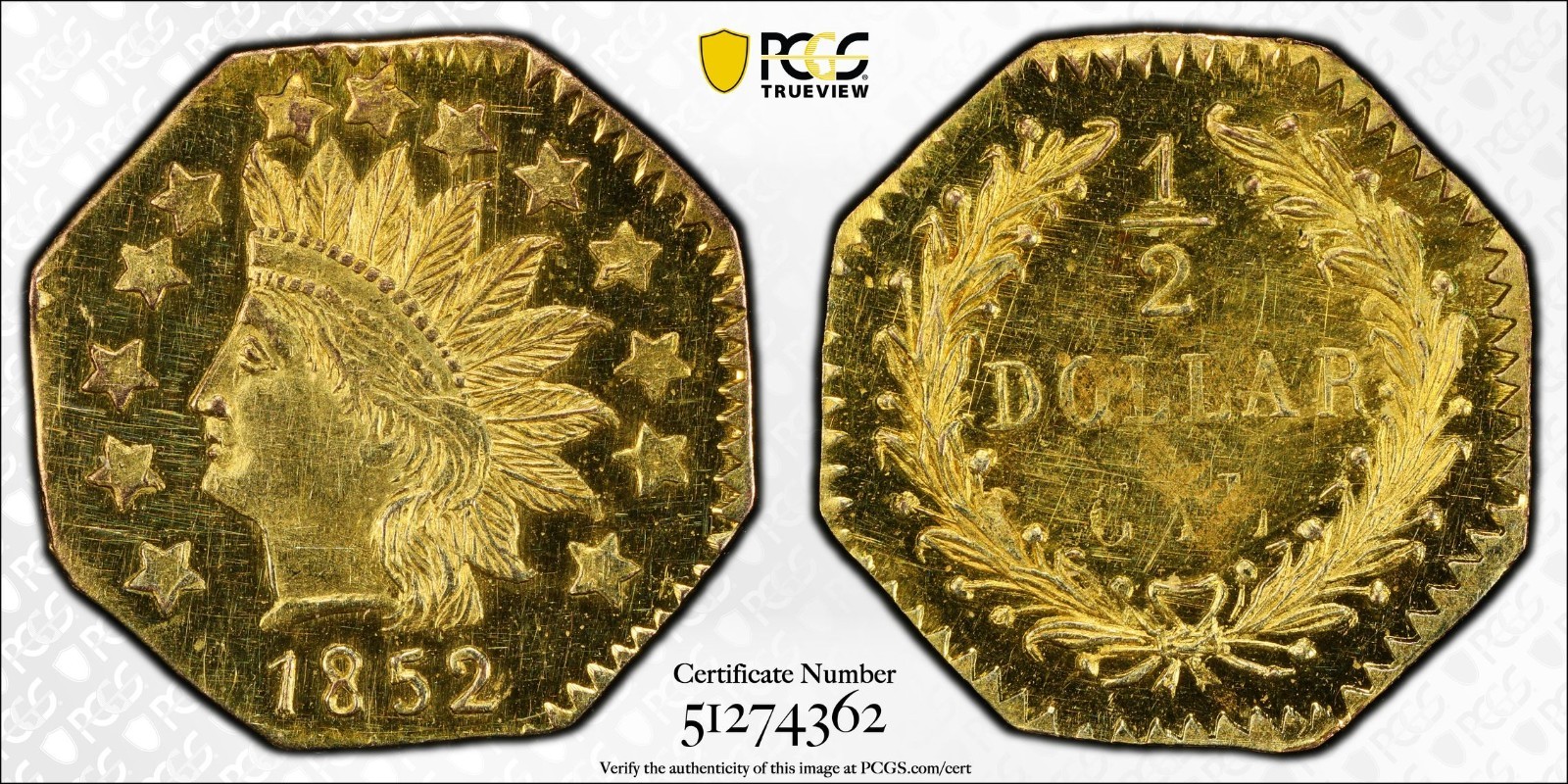 1852 California Fractional Gold PCGS MS63PL MS-63 Prooflike G50C BG-963